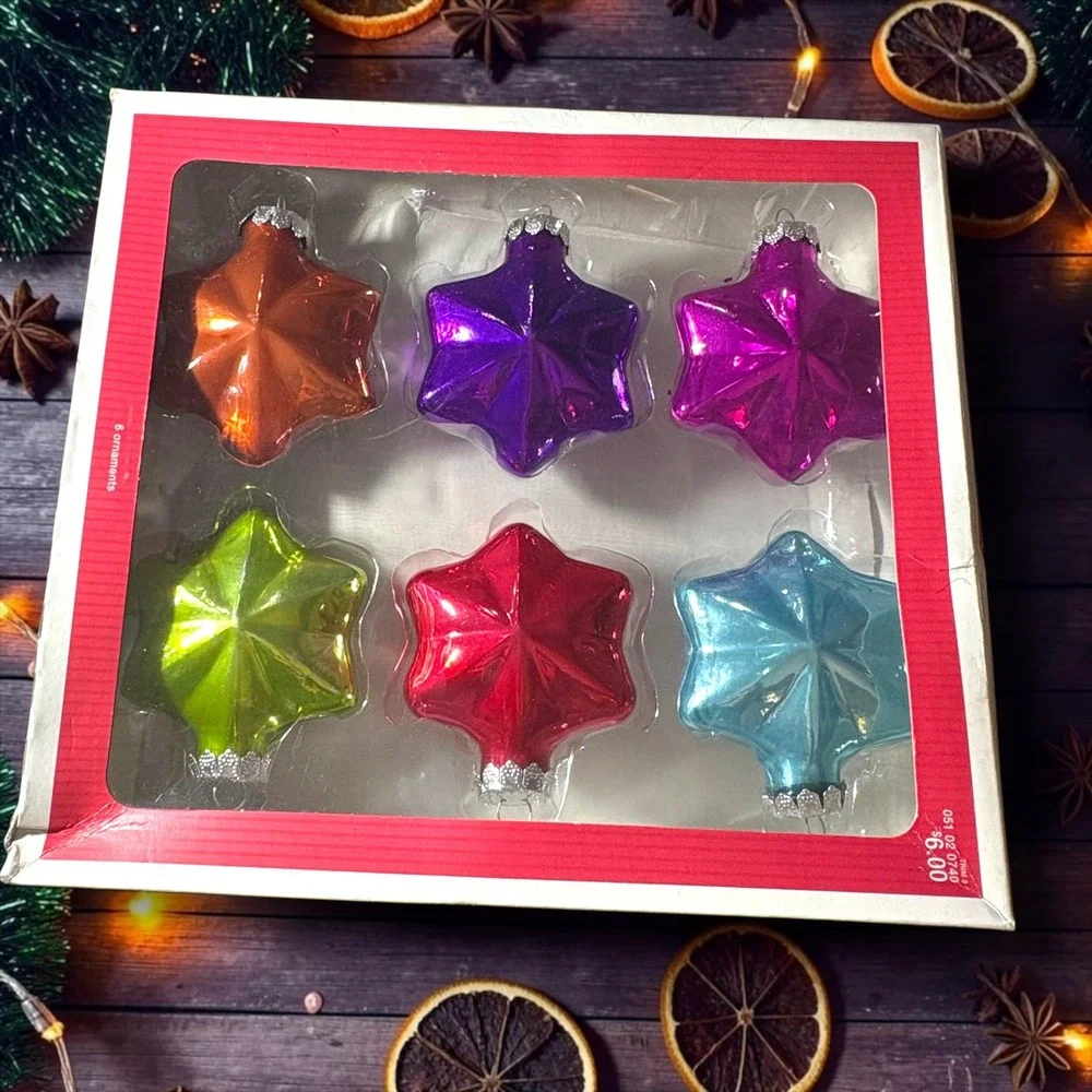 Set of 6 Multicolor Glass Star Christmas Ornaments Retro Jewel Tone Faceted 2.5
